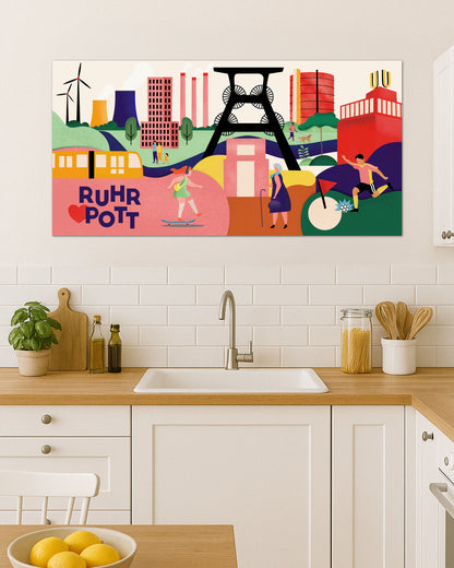Farbenfrohes Wandbild mit ikonischen Ruhrpott-Motiven als Fine Art Print