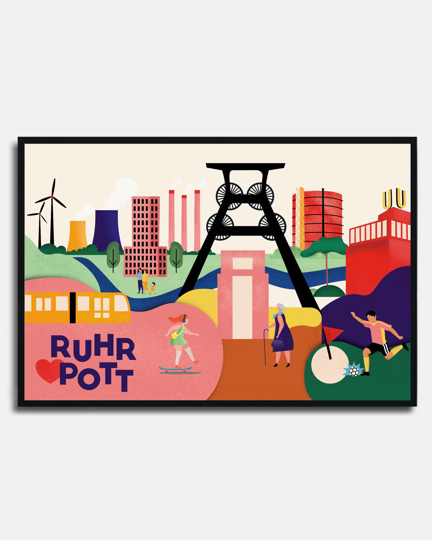 Illustration des Ruhrgebiets mit Zeche Zollverein, Dortmunder U und Gasometer als buntes Poster