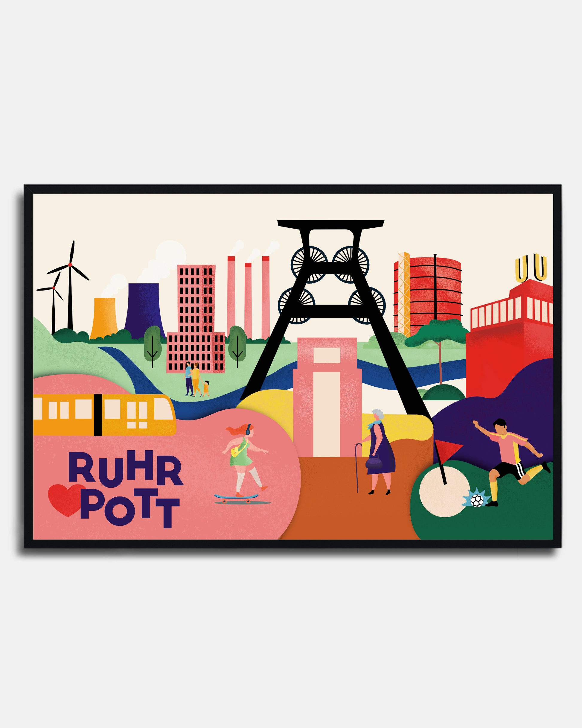 Illustration des Ruhrgebiets mit Zeche Zollverein, Dortmunder U und Gasometer als buntes Poster