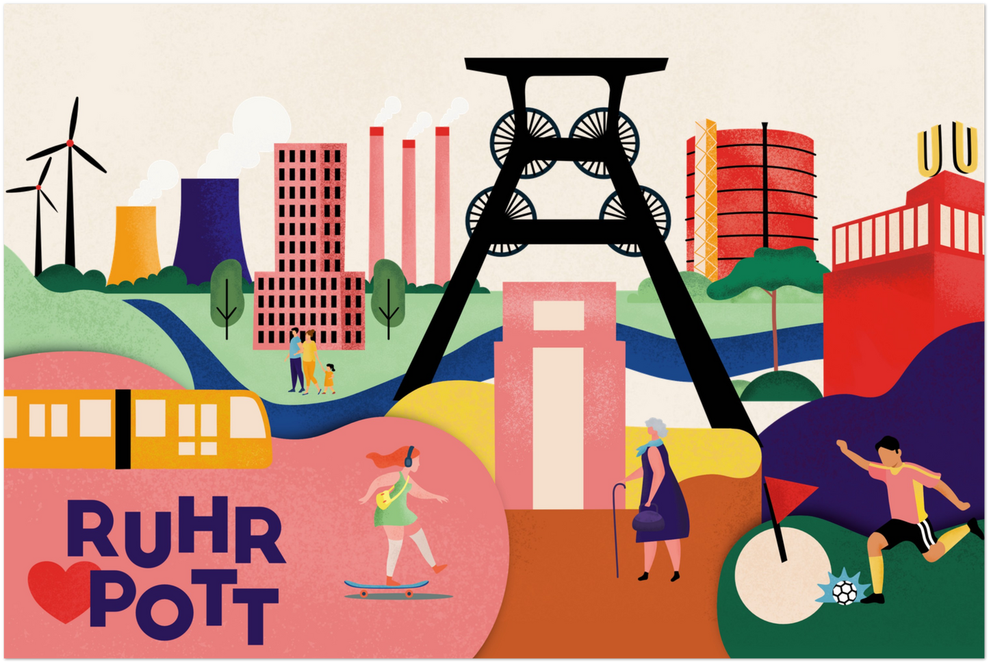 Künstlerisches Wandbild mit typischen Ruhrgebiet-Motiven in kräftigen Farben für die Küche.