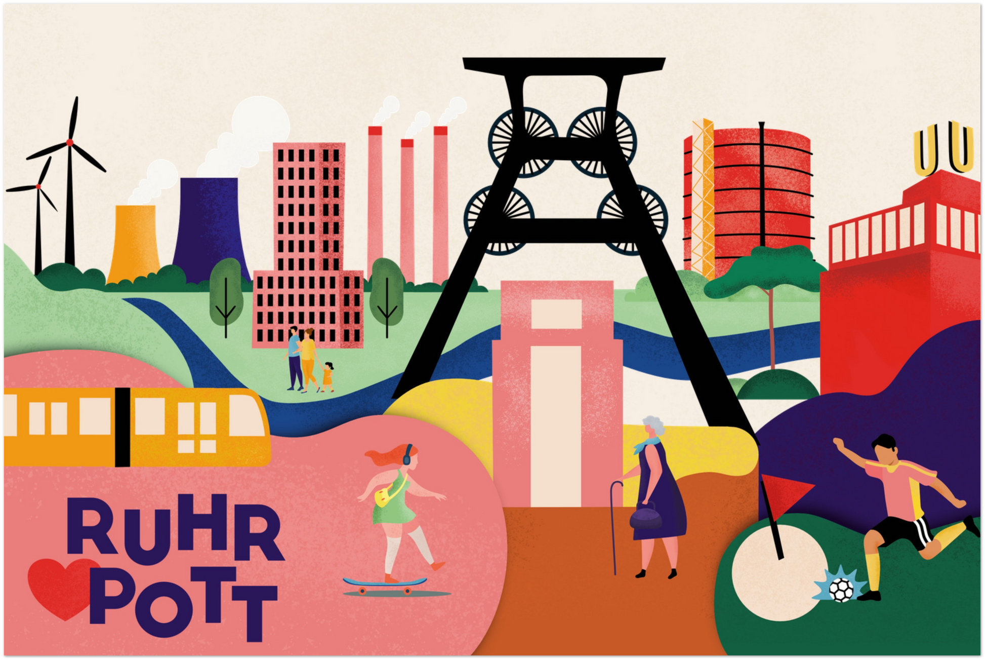 Künstlerisches Wandbild mit typischen Ruhrgebiet-Motiven in kräftigen Farben für die Küche.