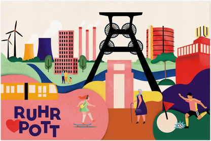 Künstlerisches Wandbild mit typischen Ruhrgebiet-Motiven in kräftigen Farben für die Küche.