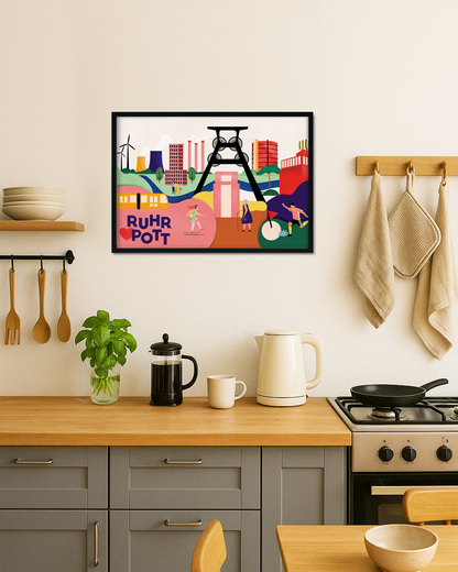 Grafisches Poster mit Ruhrgebiet-Highlights im modernen Illustrationsstil