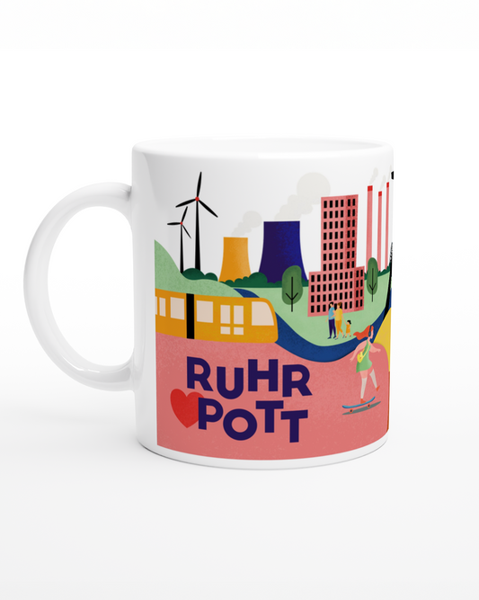 Weiße Keramiktasse mit farbenfroher Illustration des Ruhrgebiets und Förderturm