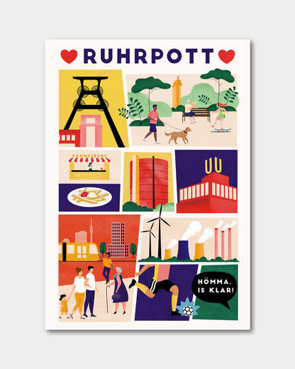 Moderne Ruhrpott-Leinwand mit bunten Illustrationen und Ruhrgebietsmotiven.