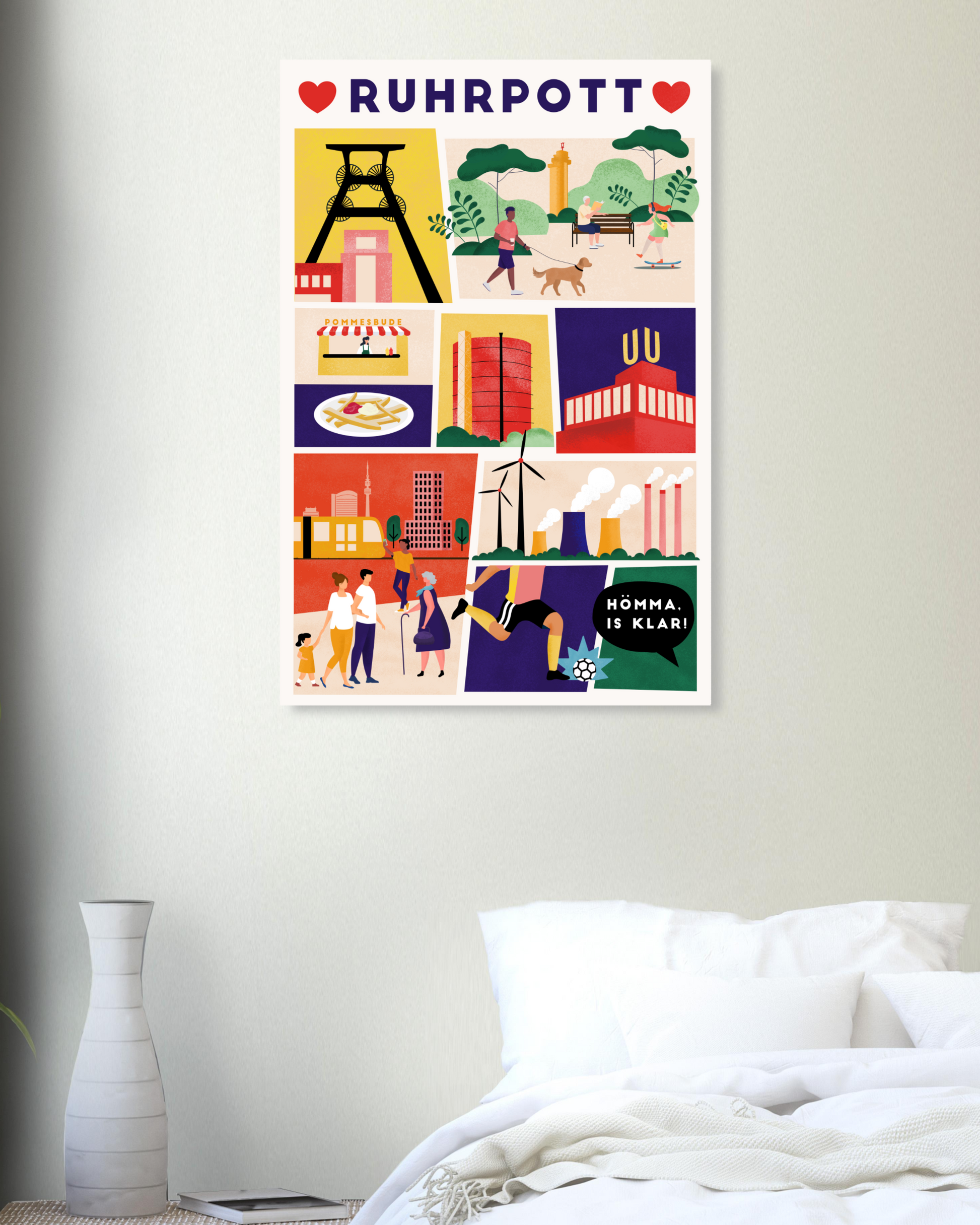 Kreatives Wandbild mit Ruhrgebietskultur – Zechenturm, Pommesbude und mehr.