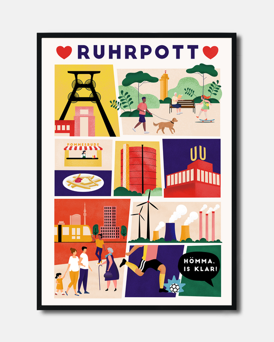 Modernes Ruhrpott-Poster mit bunten Illustrationen und Ruhrgebietsmotiven.
