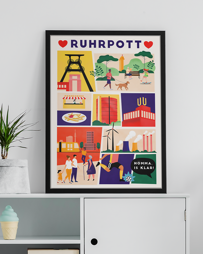 Hochwertiger Druck mit typischen Ruhrpott-Szenen wie Zeche Zollverein, Dortmunder U und Gasometer.