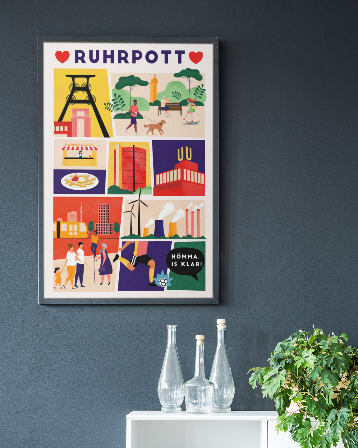 Farbenfrohes Wandbild mit Ruhrgebietswahrzeichen und urbanem Design.