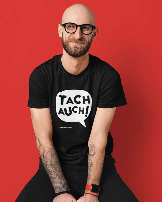 Zwei T-Shirts mit witzigem Ruhrpott-Gruß „Tach auch!“ in auffälligem Comic-Stil, erhältlich in Schwarz und Rot.