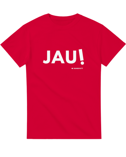 Rotes Ruhrpott-T-Shirt mit „JAU!“ Aufdruck in Weiß.