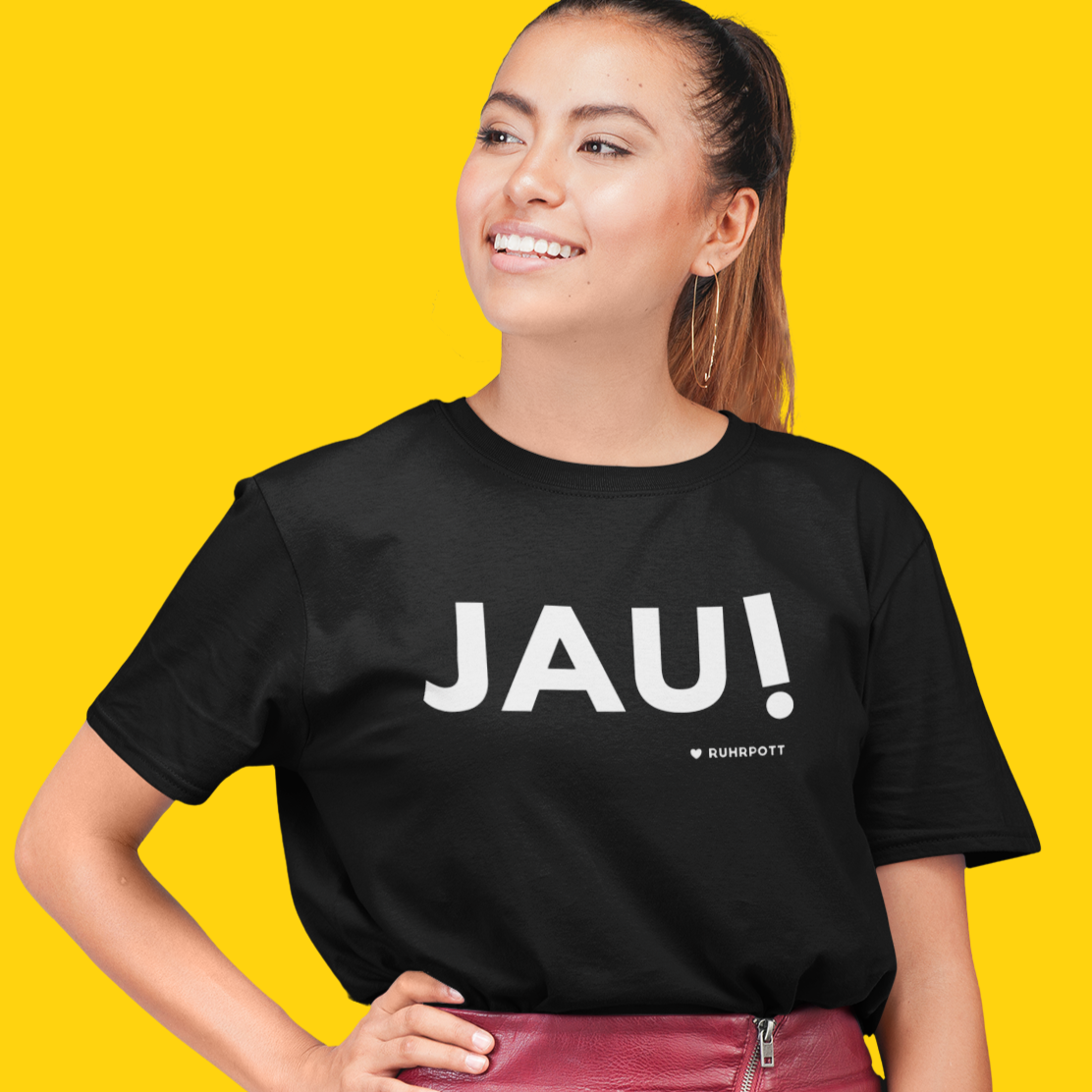 Schwarzes T-Shirt mit „JAU!“-Aufdruck in einer Sprechblase, Ruhrpott-Design.