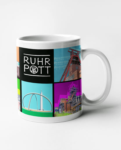 Weiße Tasse mit lebendigem Ruhrpott-Motiv, spülmaschinenfest und ein tolles Geschenk für Ruhrgebiet-Fans.