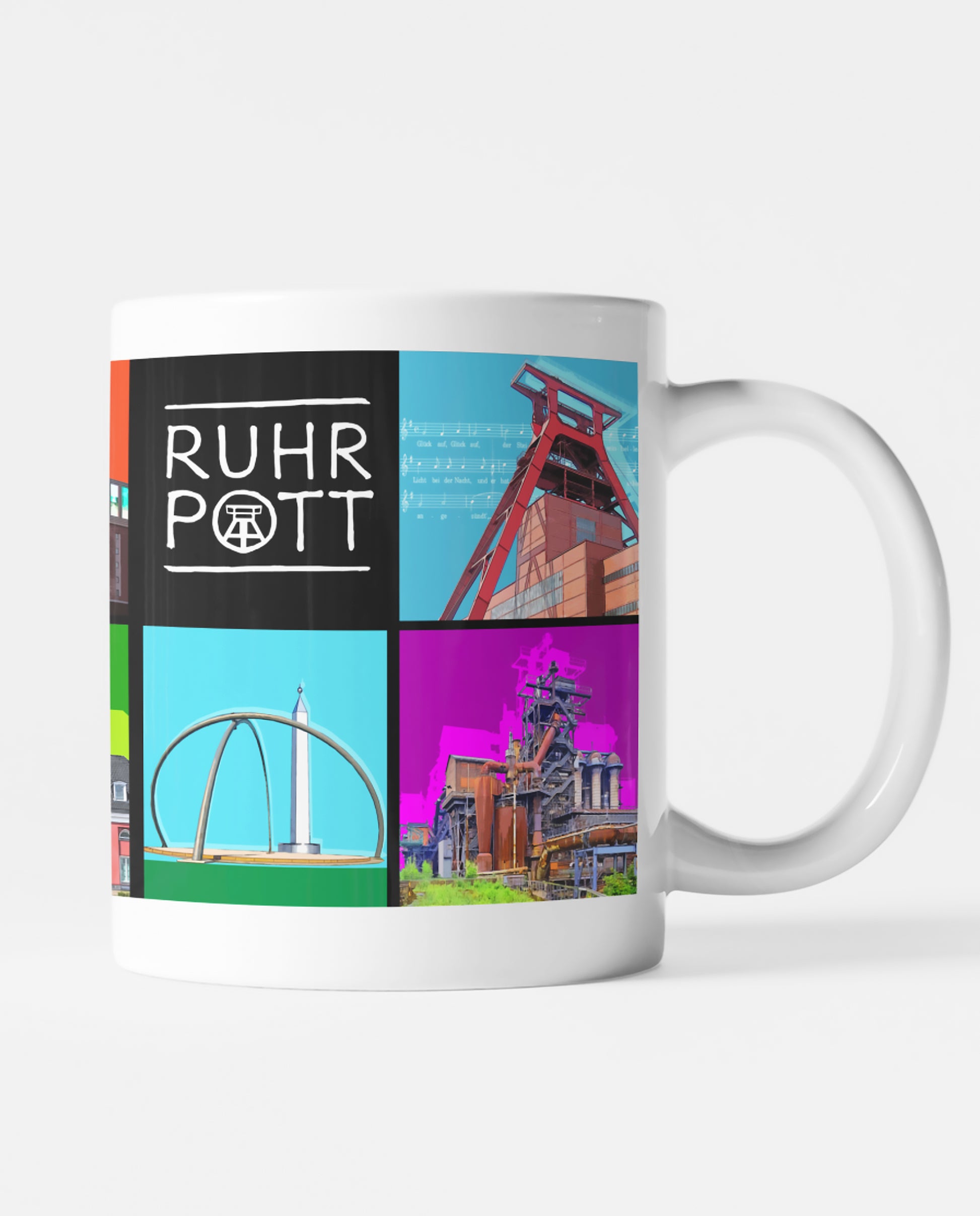 Weiße Tasse mit lebendigem Ruhrpott-Motiv, spülmaschinenfest und ein tolles Geschenk für Ruhrgebiet-Fans.