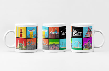 Weiße Tasse mit lebendigem Ruhrpott-Motiv, spülmaschinenfest und ein tolles Geschenk für Ruhrgebiet-Fans.