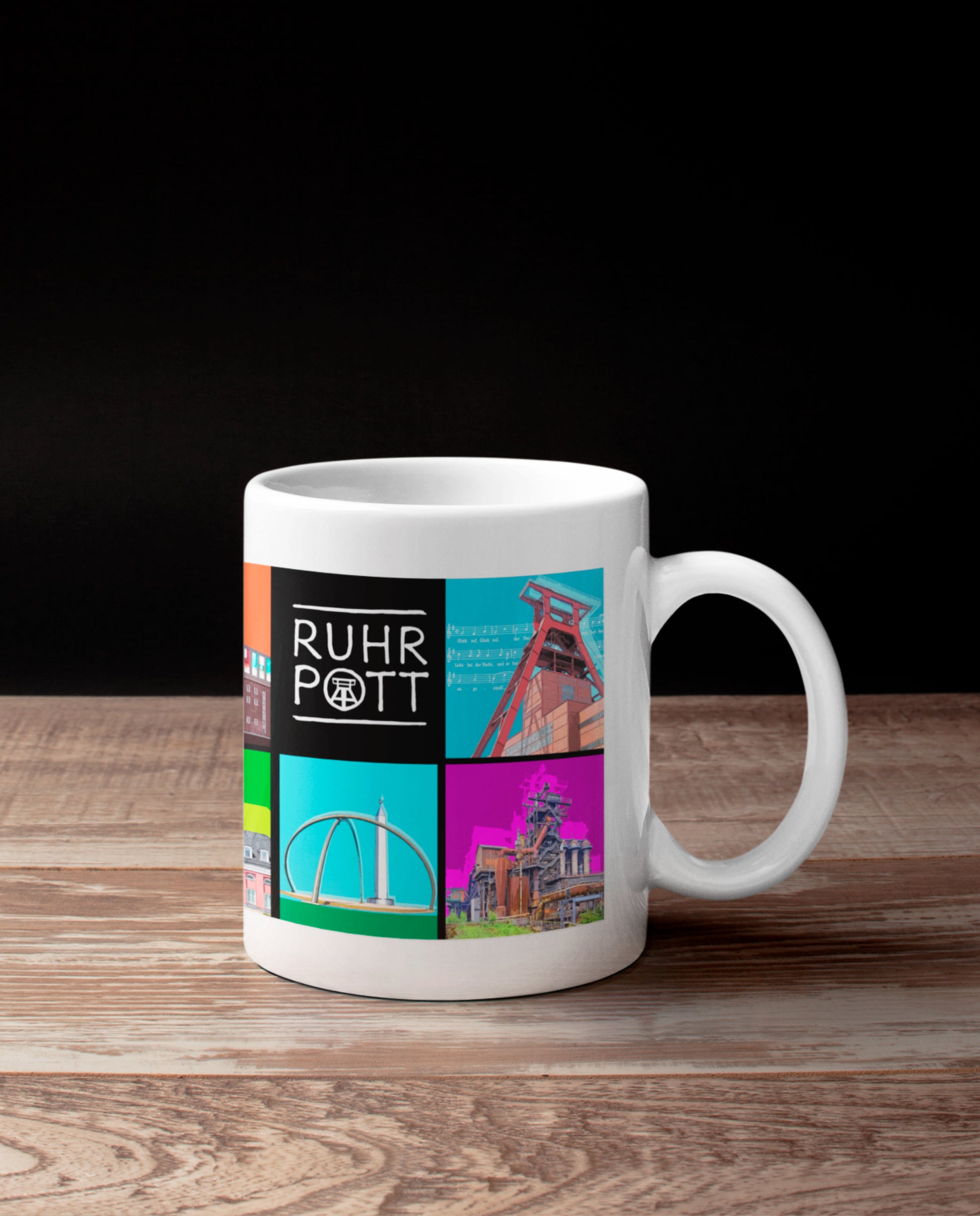 Weiße Tasse mit lebendigem Ruhrpott-Motiv, spülmaschinenfest und ein tolles Geschenk für Ruhrgebiet-Fans.