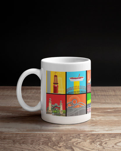 Ruhrpott-Tasse mit ikonischen Ruhrgebiets-Motiven in kräftigen Farben, ideal als Geschenk oder Souvenir.