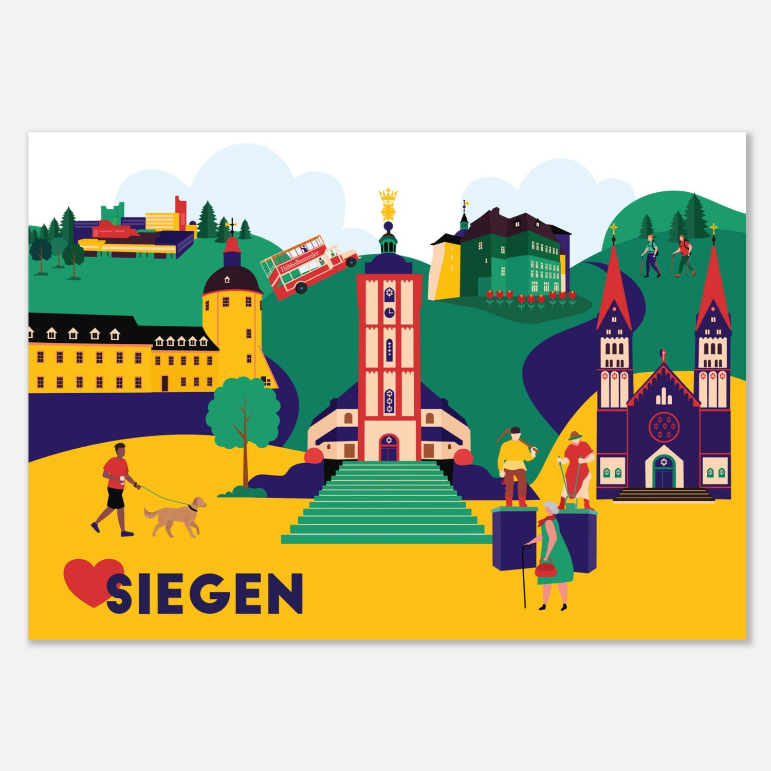 Modernes Siegen-Poster mit Illustration von Rathaus, Schloss und Nikolaikirche