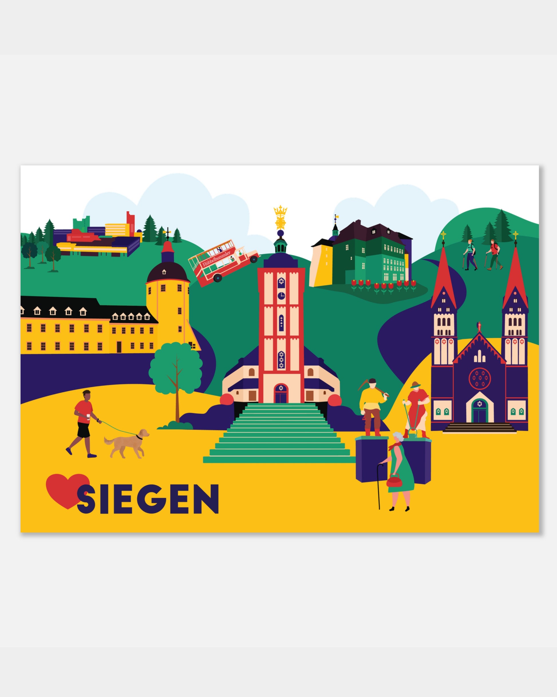 Modernes Siegen-Poster mit Illustration von Rathaus, Schloss und Nikolaikirche