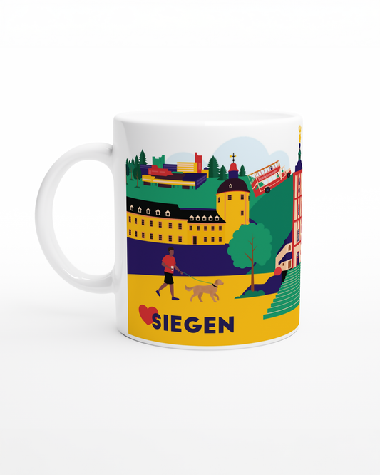 Keramiktasse mit Siegen-Illustration und Stadtmotiven wie Schloss und Nikolaikirche