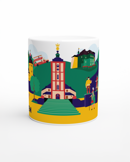 Design-Tasse mit farbenfrohem Stadtmotiv von Siegen – inklusive Rathaus und Universität