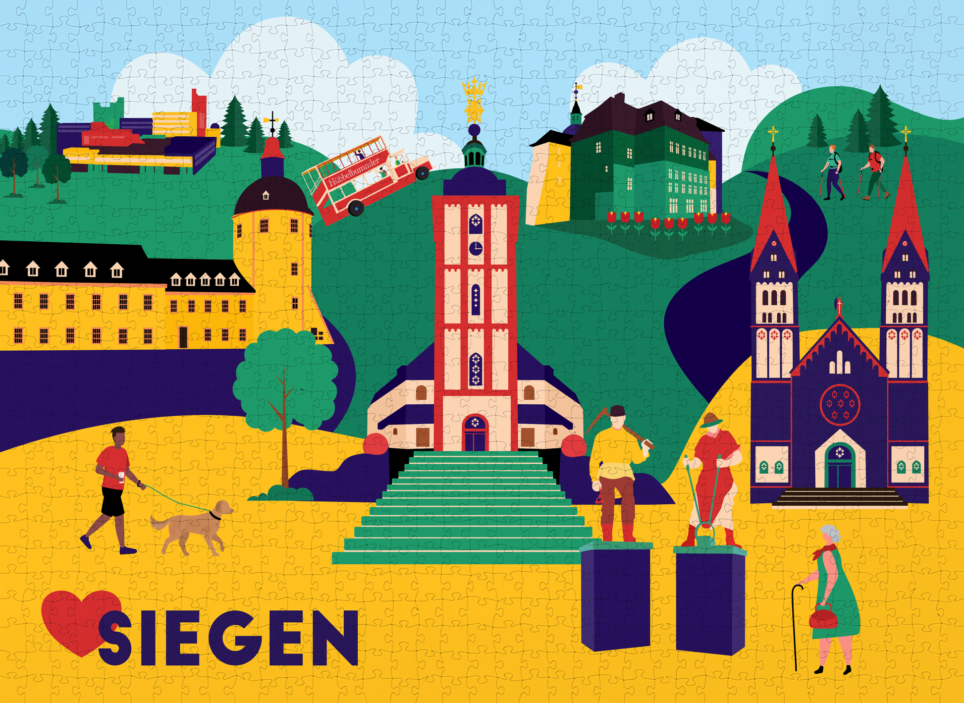 Stadtkind Souvenir Puzzle Siegen Wahrzeichen Henner und Frieder bunt.