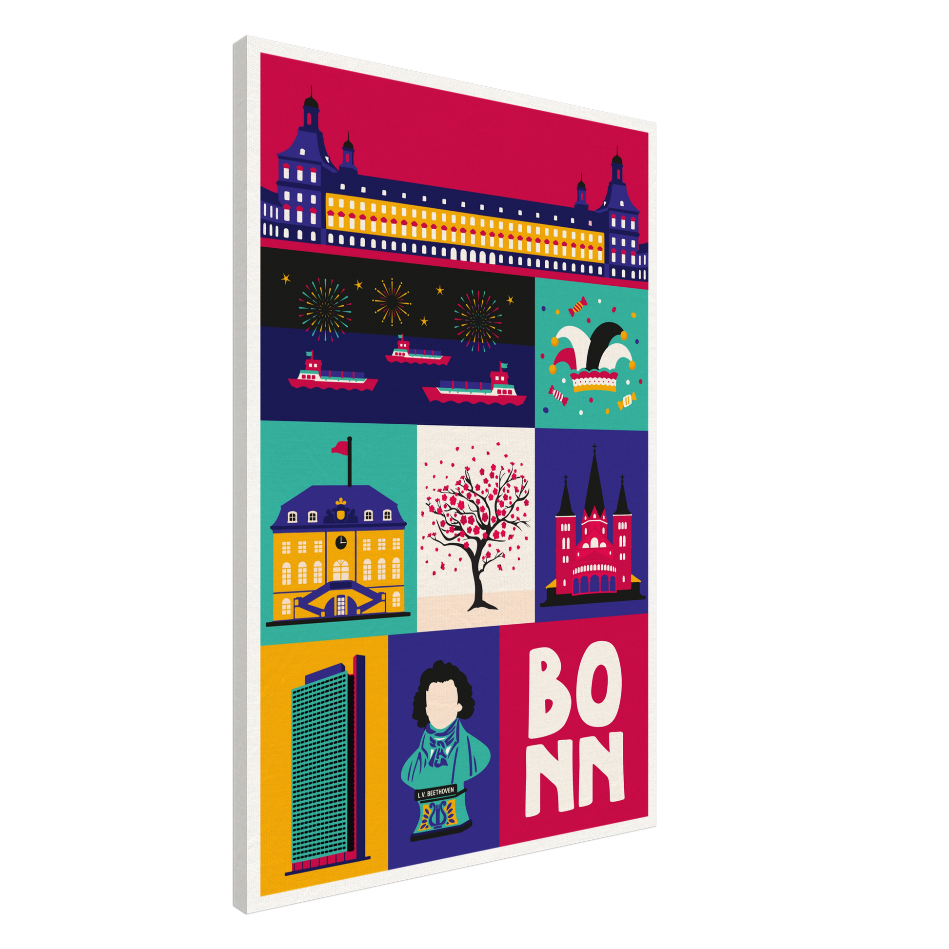 Modernes Wandbild Bonn mit Kirschblüten der Altstadt und Beethoven Motiv.