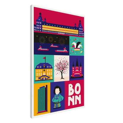 Modernes Wandbild Bonn mit Kirschblüten der Altstadt und Beethoven Motiv.