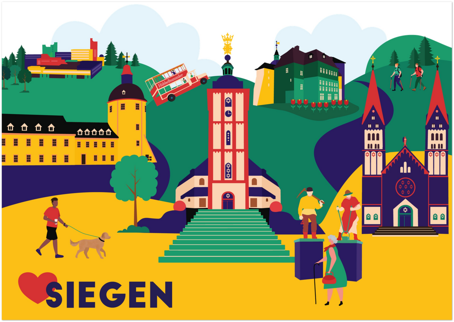Farbenfrohe Stadtillustration von Siegen – ideales Geschenk oder Souvenir mit Stadtbezug