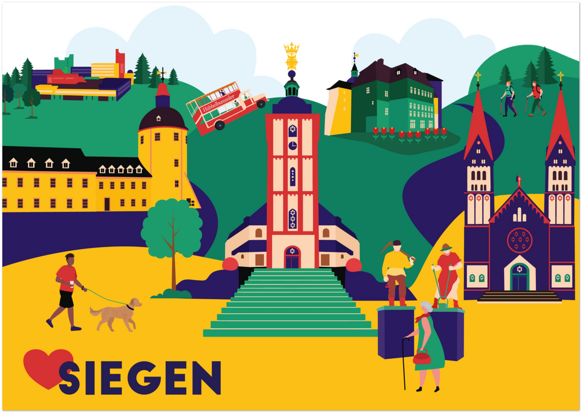 Farbenfrohe Stadtillustration von Siegen – ideales Geschenk oder Souvenir mit Stadtbezug