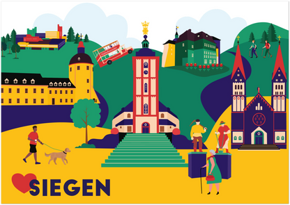 Farbenfrohe Stadtillustration von Siegen – ideales Geschenk oder Souvenir mit Stadtbezug