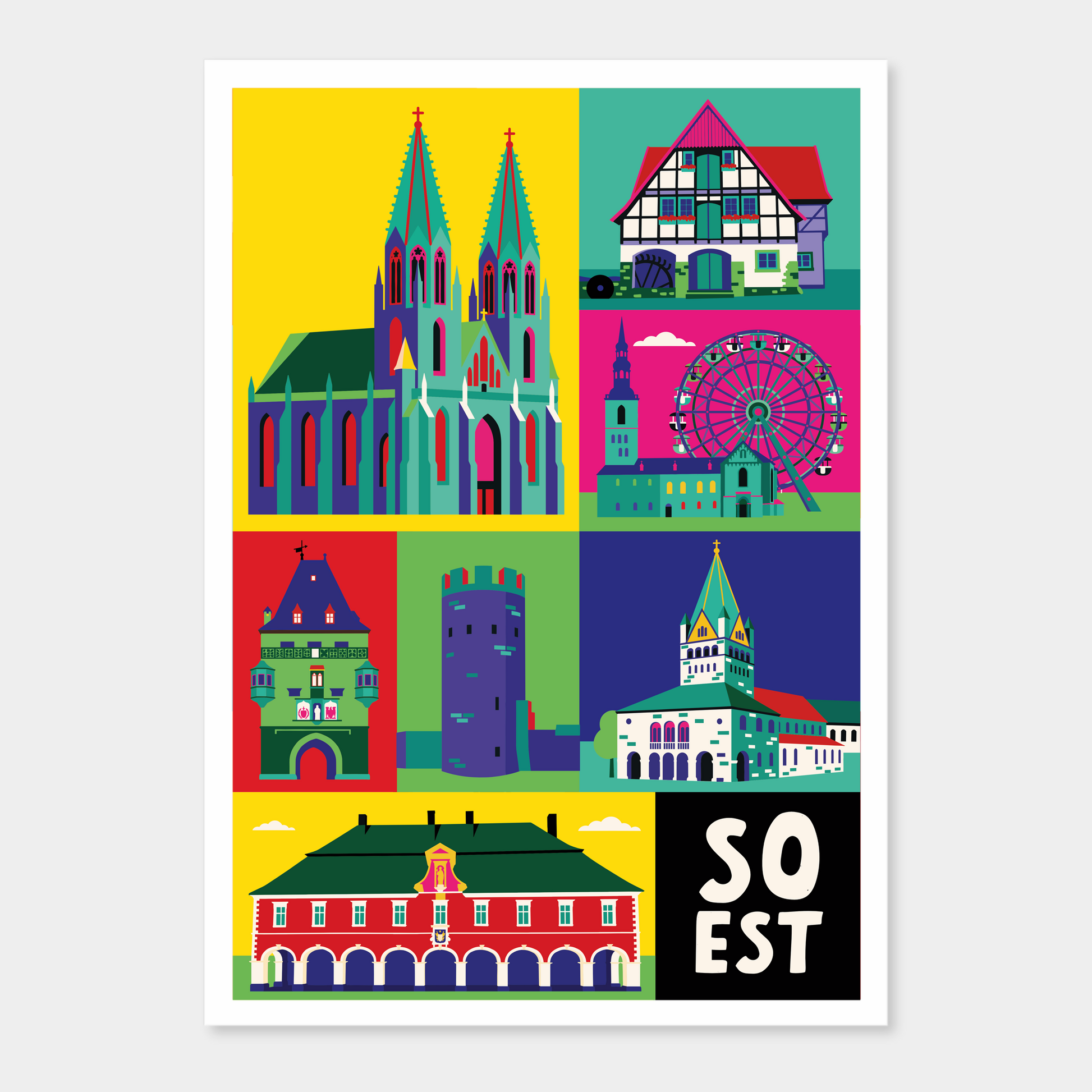 Leinwandbild Soest mit Osthofentor und St. Patrokli in buntem Pop-Art Design.