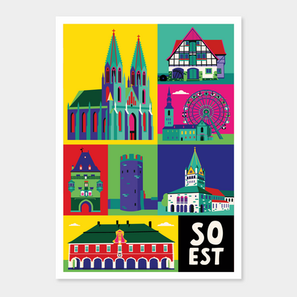 Leinwandbild Soest mit Osthofentor und St. Patrokli in buntem Pop-Art Design.