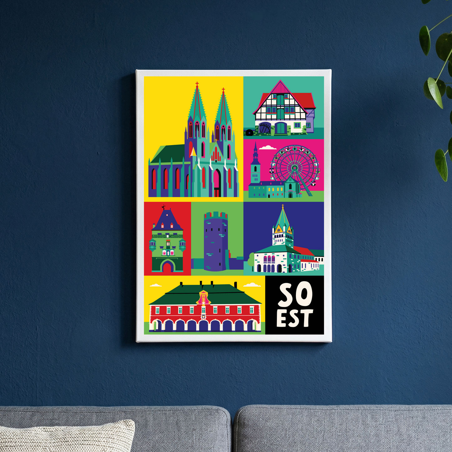 Wohnzimmer Bilder Inspiration mit farbenfroher Soest Leinwand.