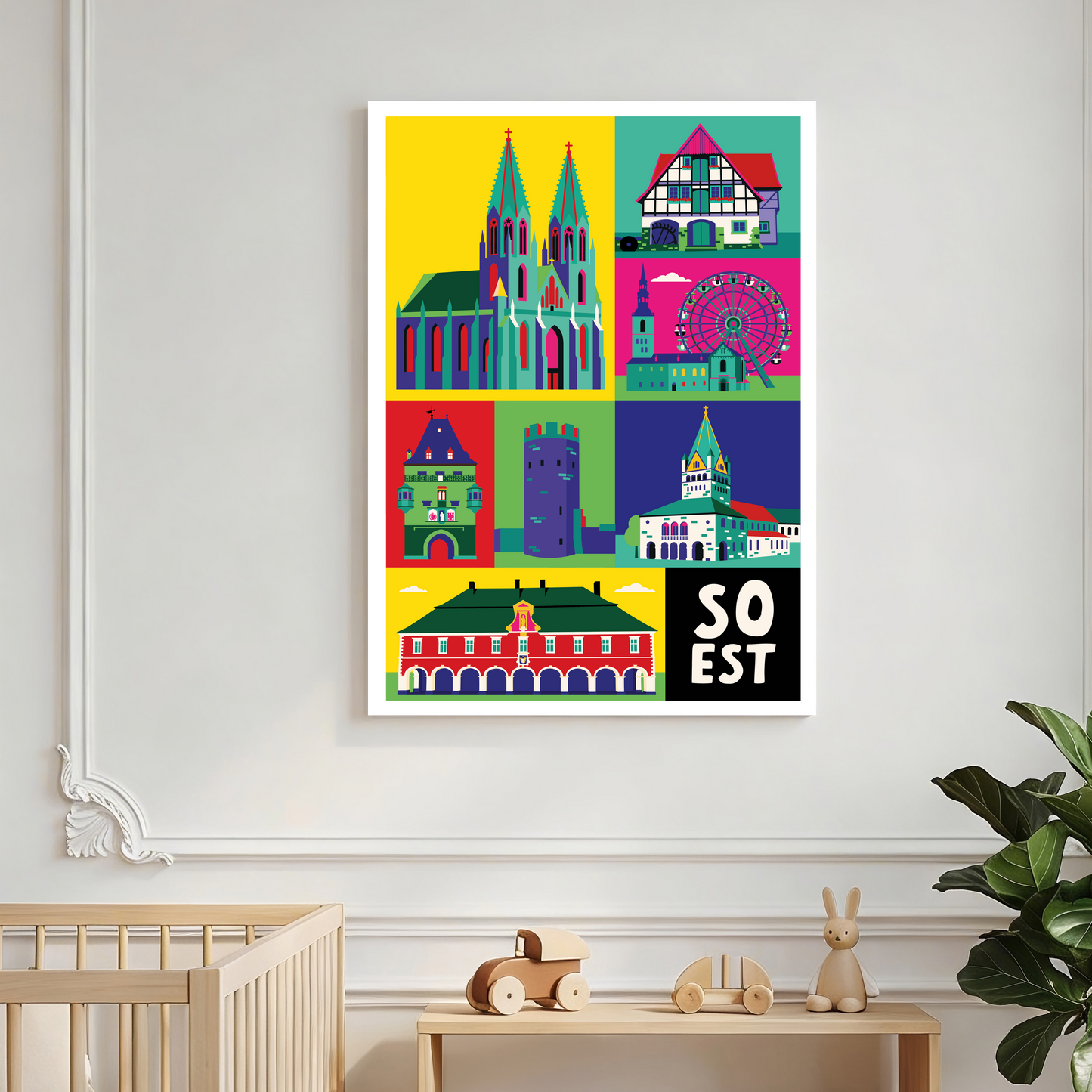 Hochwertiger Kunstdruck von Soest mit Wiesenkirche und Riesenrad.