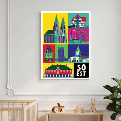 Hochwertiger Kunstdruck von Soest mit Wiesenkirche und Riesenrad.