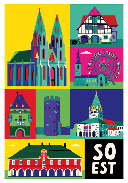 Detailaufnahme der Soest Illustration mit Rathaus und Teichsmühle im Flat-Design.