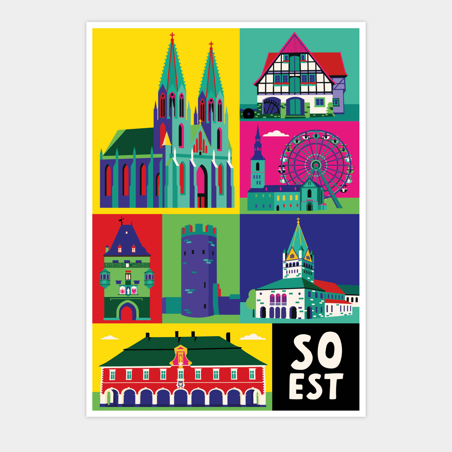 Pop-Art Poster Soest mit Wiesenkirche und Rathaus im farbenfrohen Flat-Design