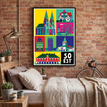 Gerahmtes Soest Poster an einer Ziegelwand im Schlafzimmer als stilvolle Wohnzimmer Bilder Alternative