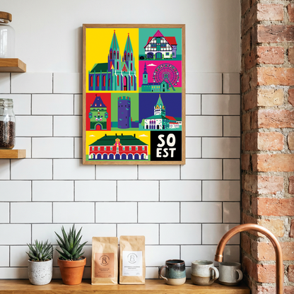 Kunstdruck Soest im Holzrahmen in einer zeitgemäßen Küche, perfekt als Geschenk zum Einzug
