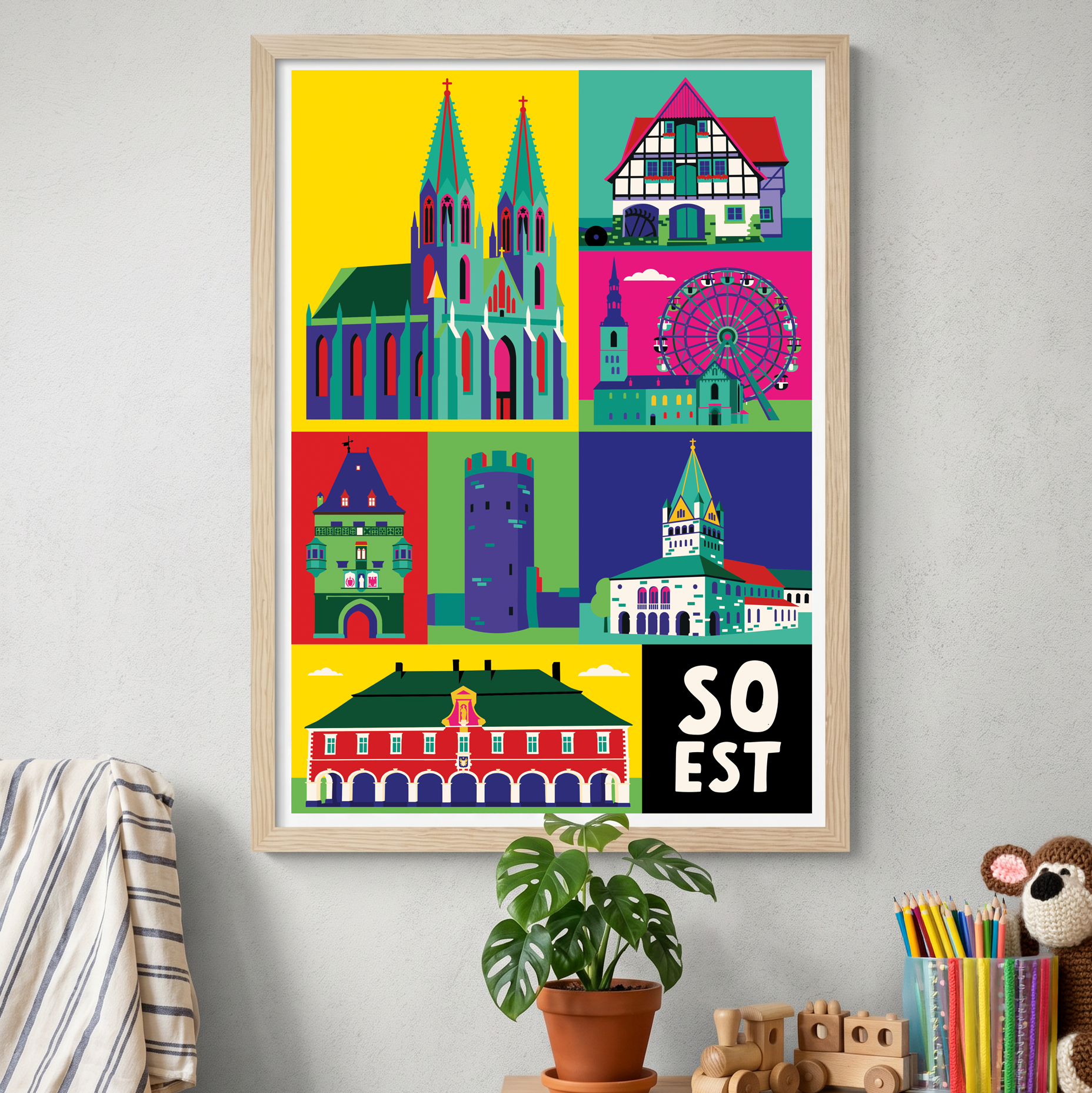 Bunte Stadt Zeichnung Soest im Holzrahmen als kreative Wandkunst im gemütlichen Kinderzimmer