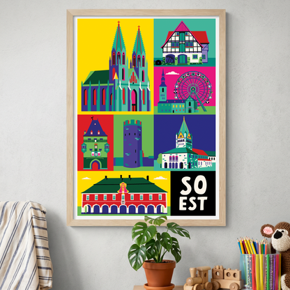 Bunte Stadt Zeichnung Soest im Holzrahmen als kreative Wandkunst im gemütlichen Kinderzimmer