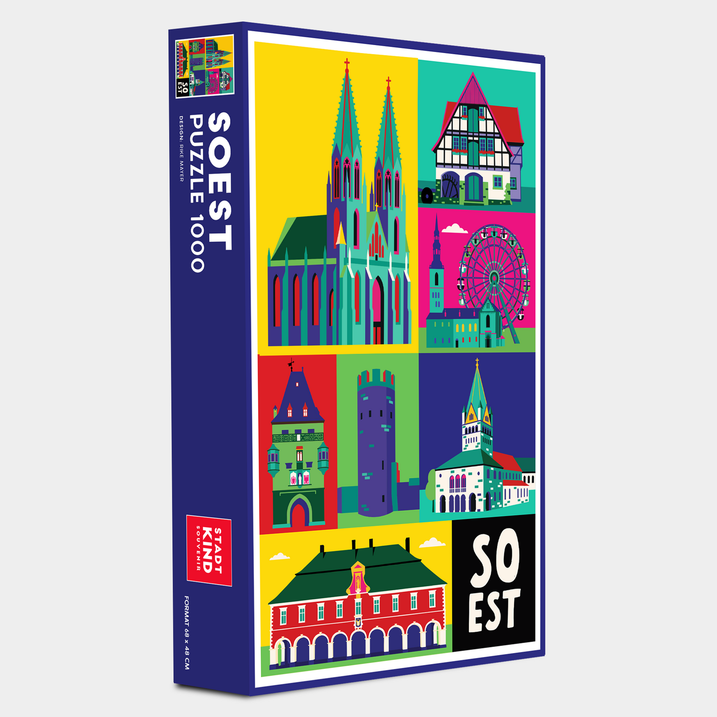 Verpackung des 1000 Teile Puzzles mit Soest Motiven im Pop-Art Design von Stadtkind Souvenir.