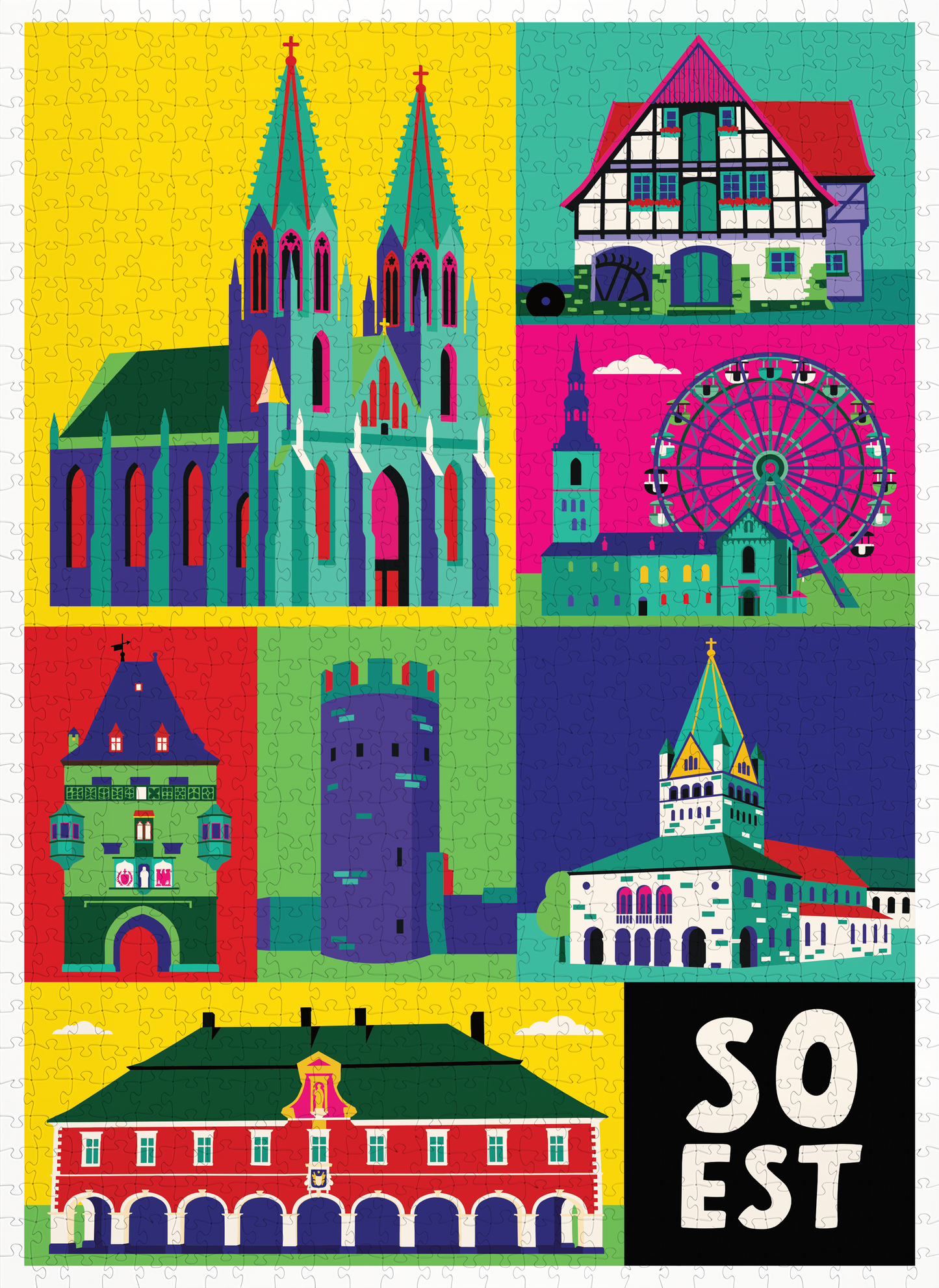 Vollständiges Soest Puzzle mit bunten Illustrationen von Osthofentor, Rathaus und Wiesenkirche.