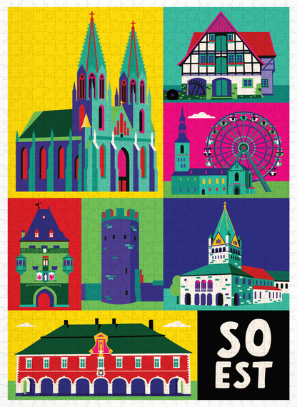 Vollständiges Soest Puzzle mit bunten Illustrationen von Osthofentor, Rathaus und Wiesenkirche.