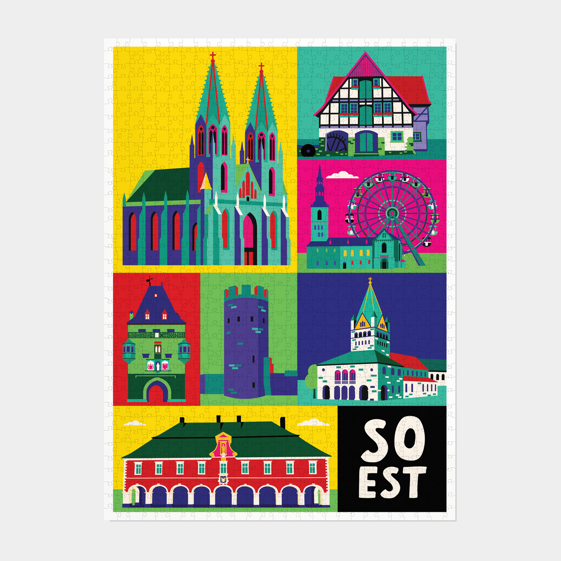 Soest Puzzle 1000 Teile im Hochformat mit städtischen Wahrzeichen und Riesenrad in plakativen Farben.