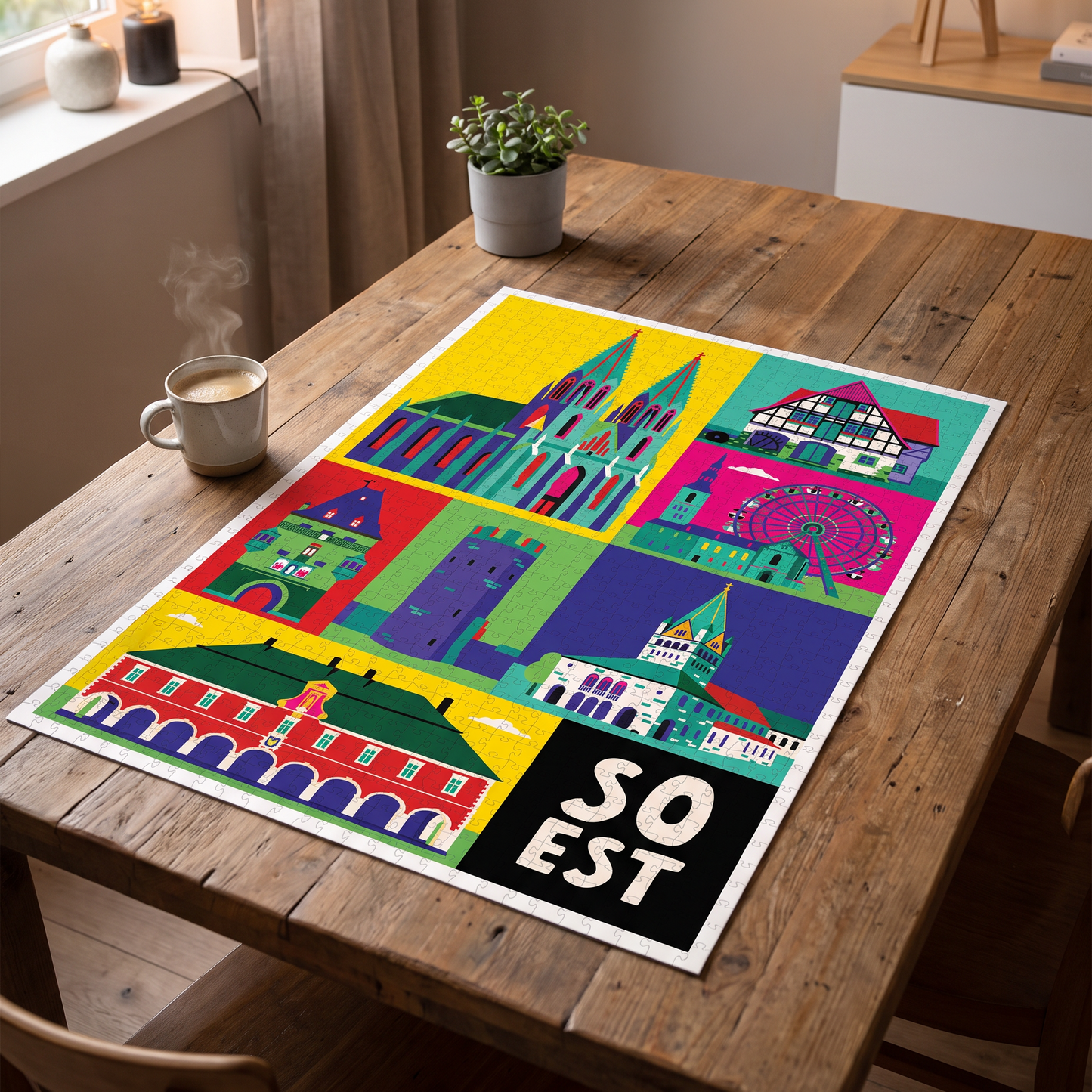Fertig gelegtes Soest Puzzle auf einem Holztisch im gemütlichen Wohnzimmer als kreatives Geschenk.