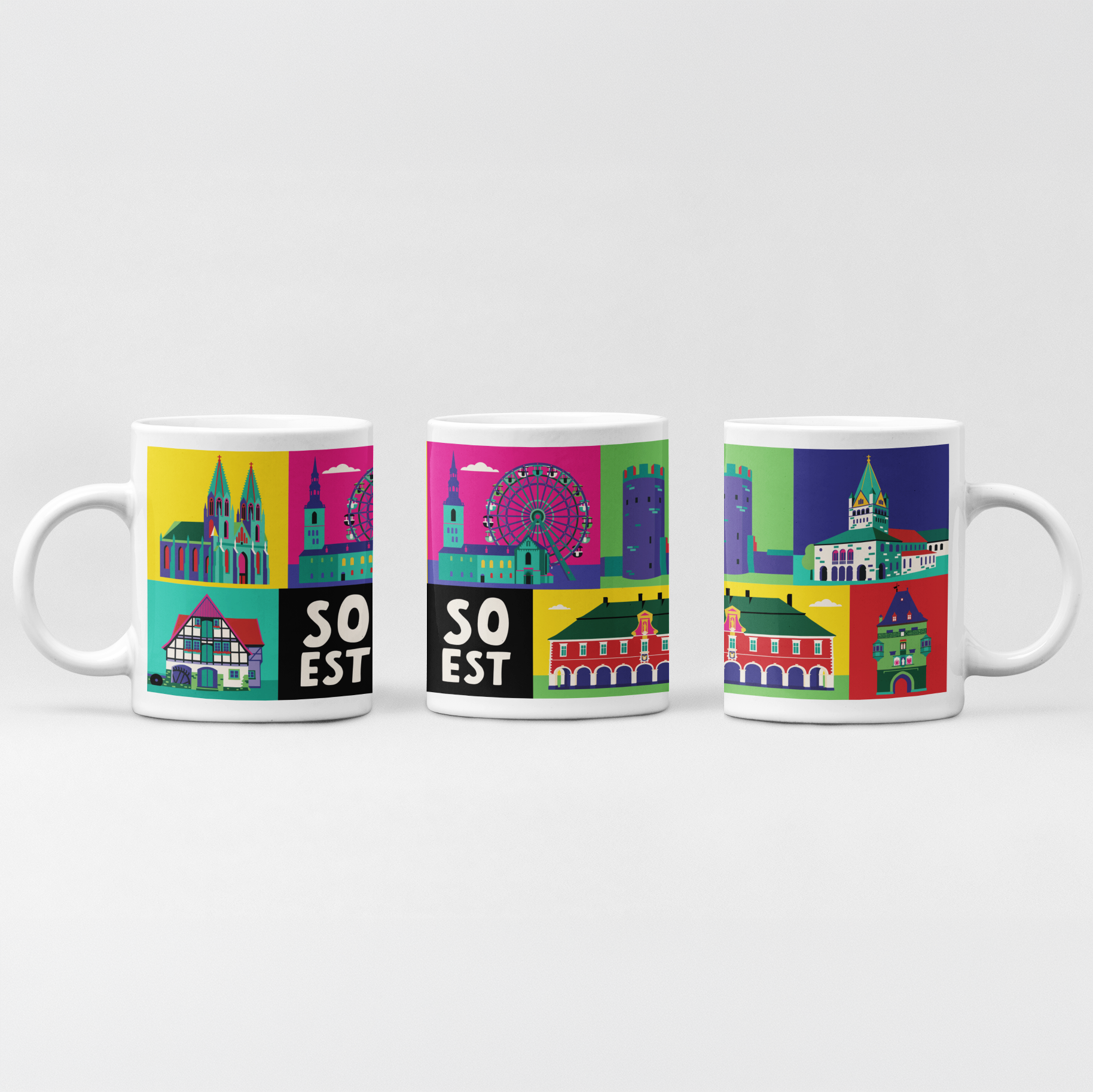 Weiße Keramiktasse mit buntem Soest Pop-Art-Design, zeigt Osthofentor und Rathaus.