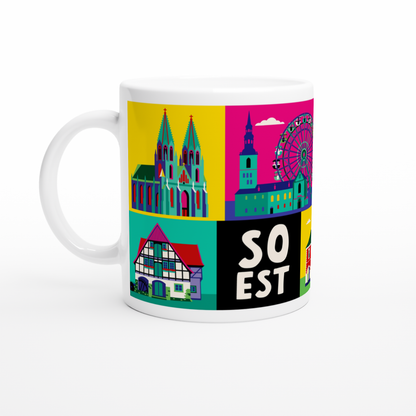 Detailansicht der Soest Tasse mit Illustration der Wiesenkirche und Teichsmühle im Flat-Design.