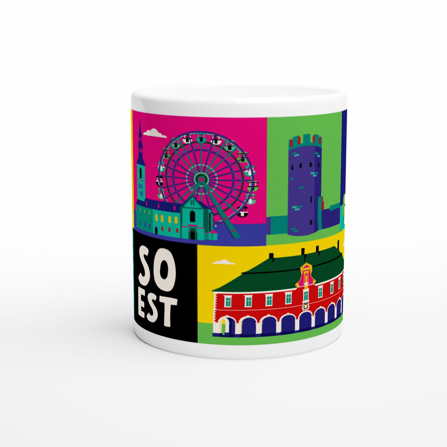 Nahaufnahme des Kattenturm-Motivs auf der farbenfrohen Soest Tasse.
